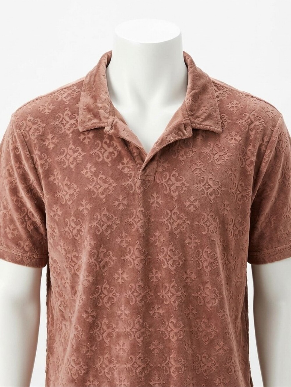 PacSun Luxe Caramel Brown Velour Scroll Print Polo Shirt L Retro Vintage Vibes